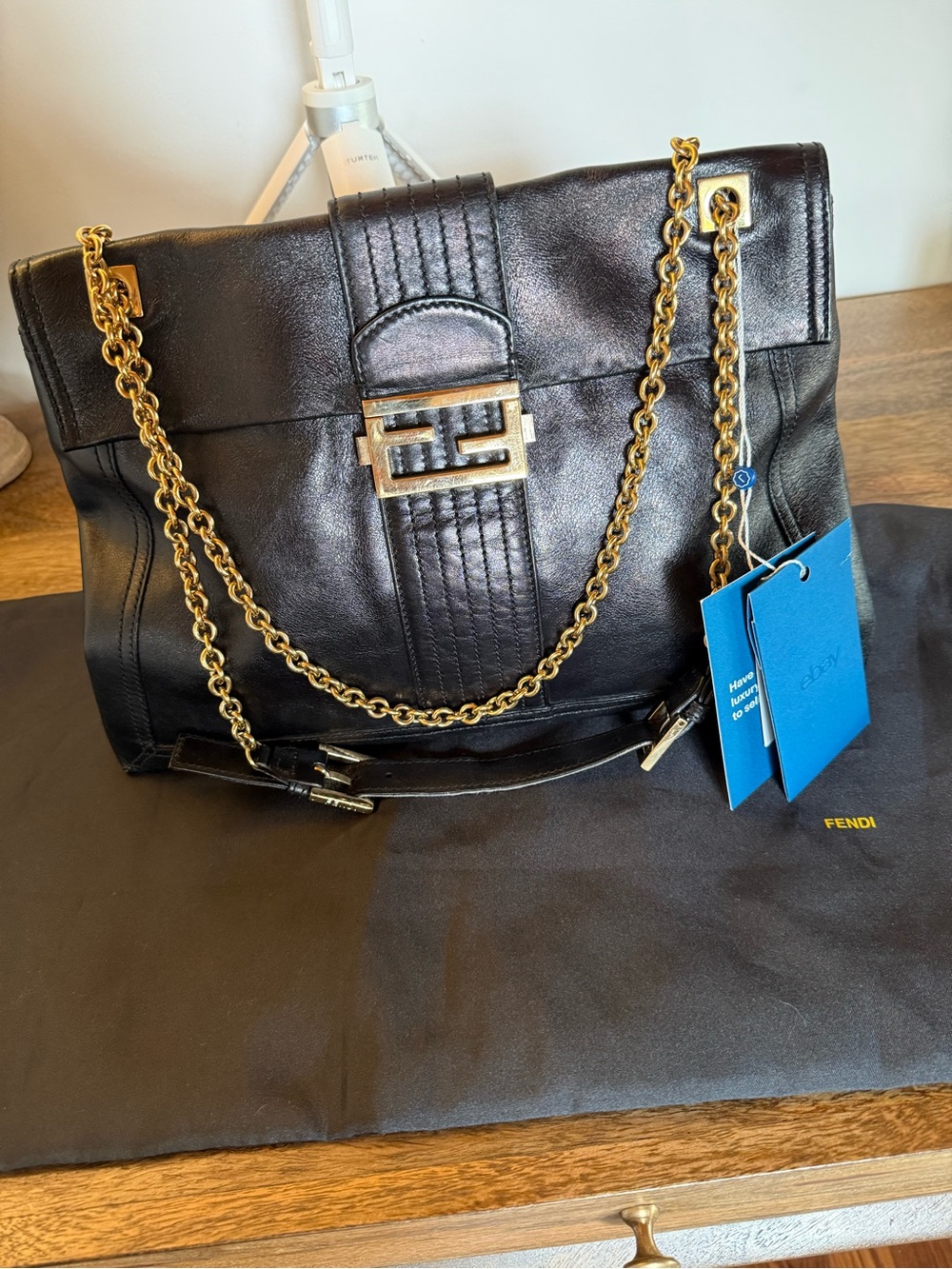 Rare Vintage Fendi Black Leather FF Flap Bag Gold Chain Shoulder Strap - Picture 3 of 17